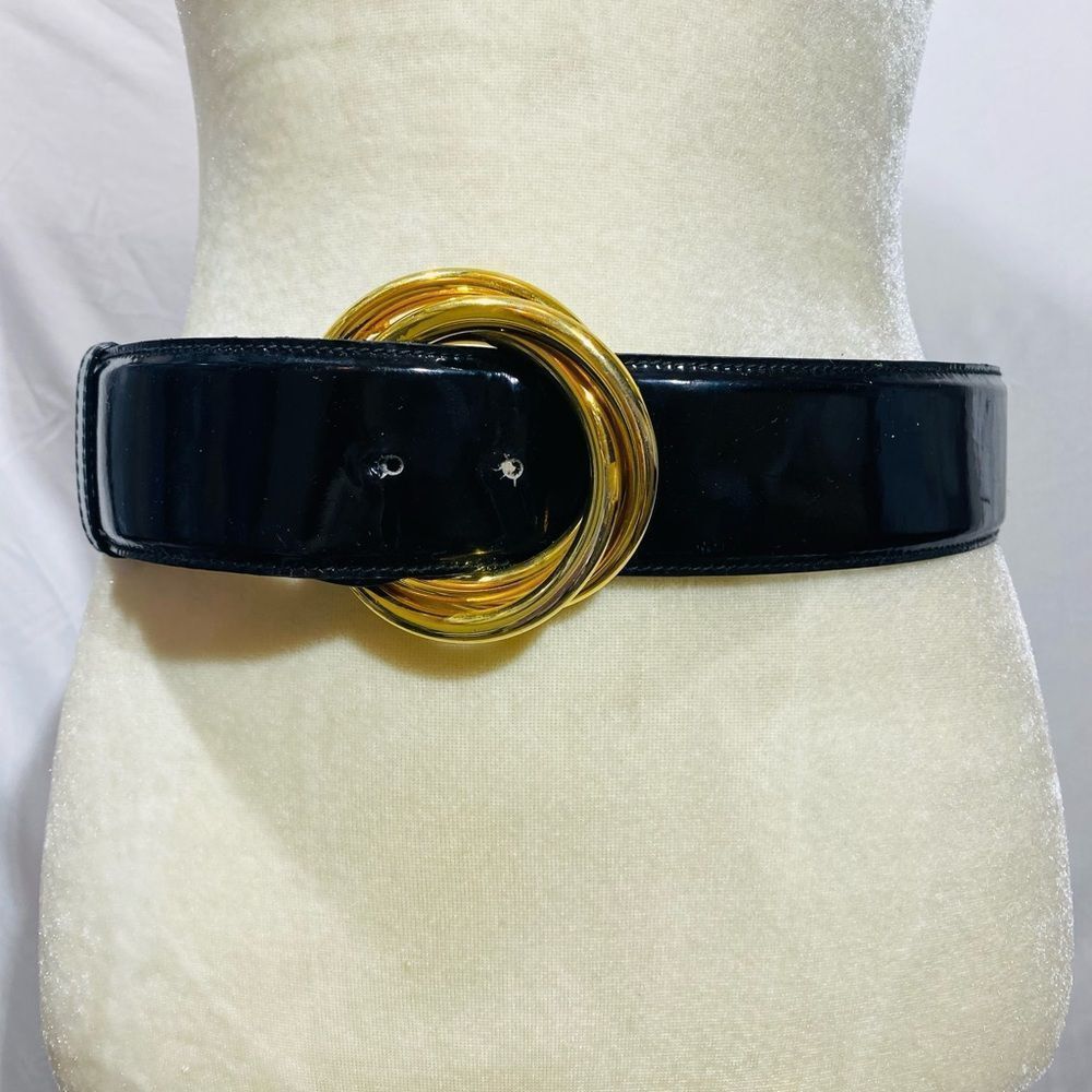 Salvatore Ferragamo Black Wide Enamel Leather Belt with Gold-Tone Trinity Buckle